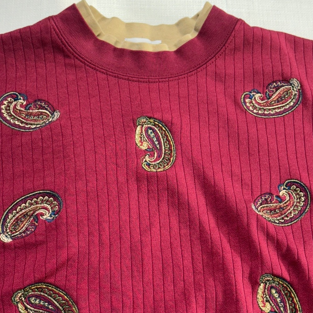 Ribbed Paisley Mock Neck Sweater Top Burgundy Vintage Pullover Sz XL - Picture 12 of 13